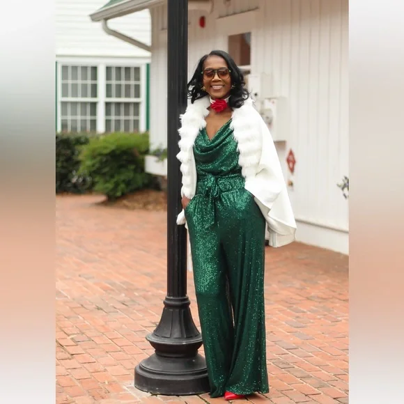 Boston Proper Sequin Cowl Neck Jumpsuit in Deep Emerald- Worn Once for pics - Picture 5 of 9